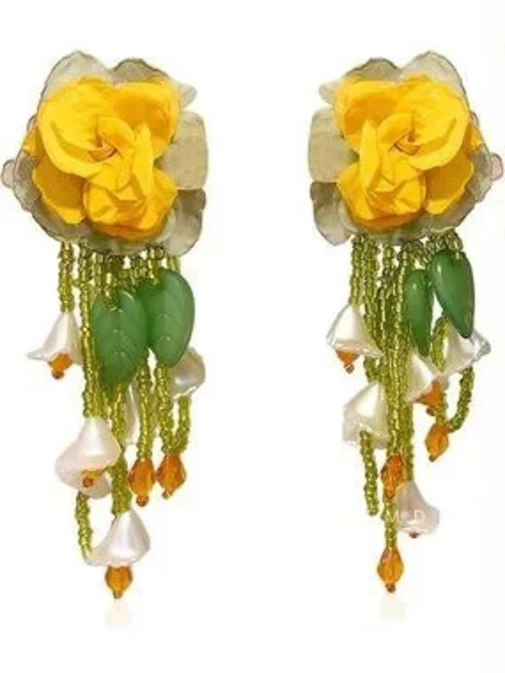 Yellow Flower Drop Earrings with Green Leaf Beads